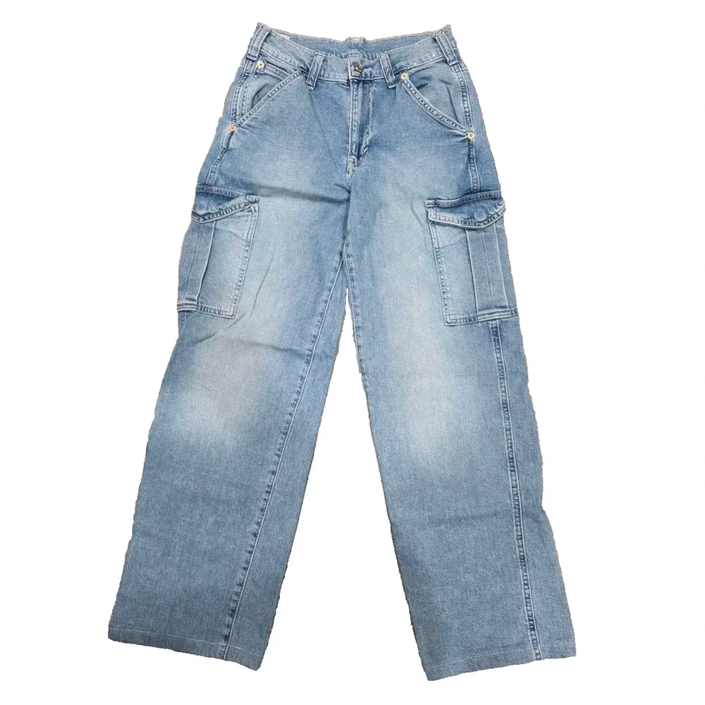 GAP 90's Loose Mid Rise cotton Cargo Jeans Women 24 Wide Leg Blue Denim A003268 - Picture 2 of 13